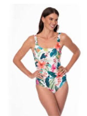 Jantzen White Floral One-Piece Swimsuit with Teal & Coral